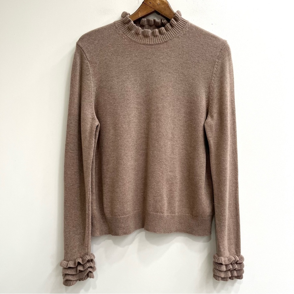 Boden ruffle neck ruffle sleeves tan wool cashmere blend sweater woman’s large